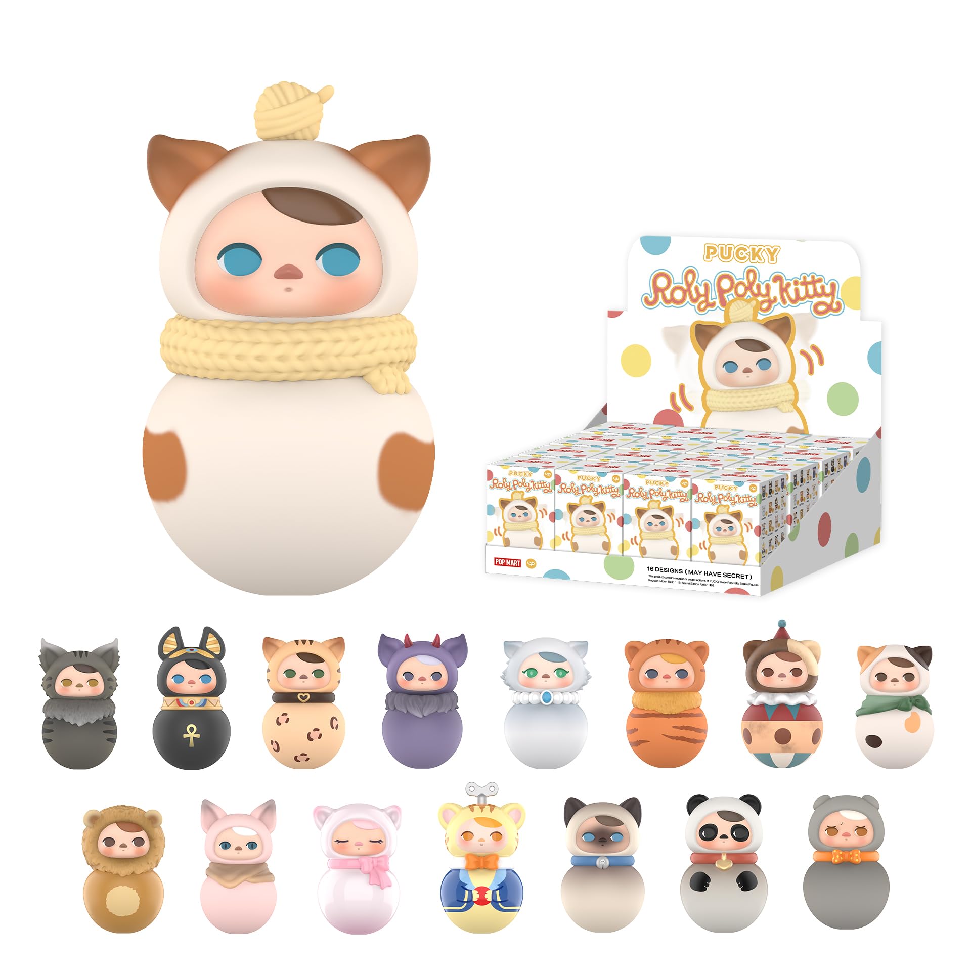 POP MART PUCKY Roly-Poly Kitty Series Figures, 16PCs PUCKY Blind Box Figures, Random Design Action Figures Collectible Toys Home Decorations, Holiday Birthday Gifts, Whole Set