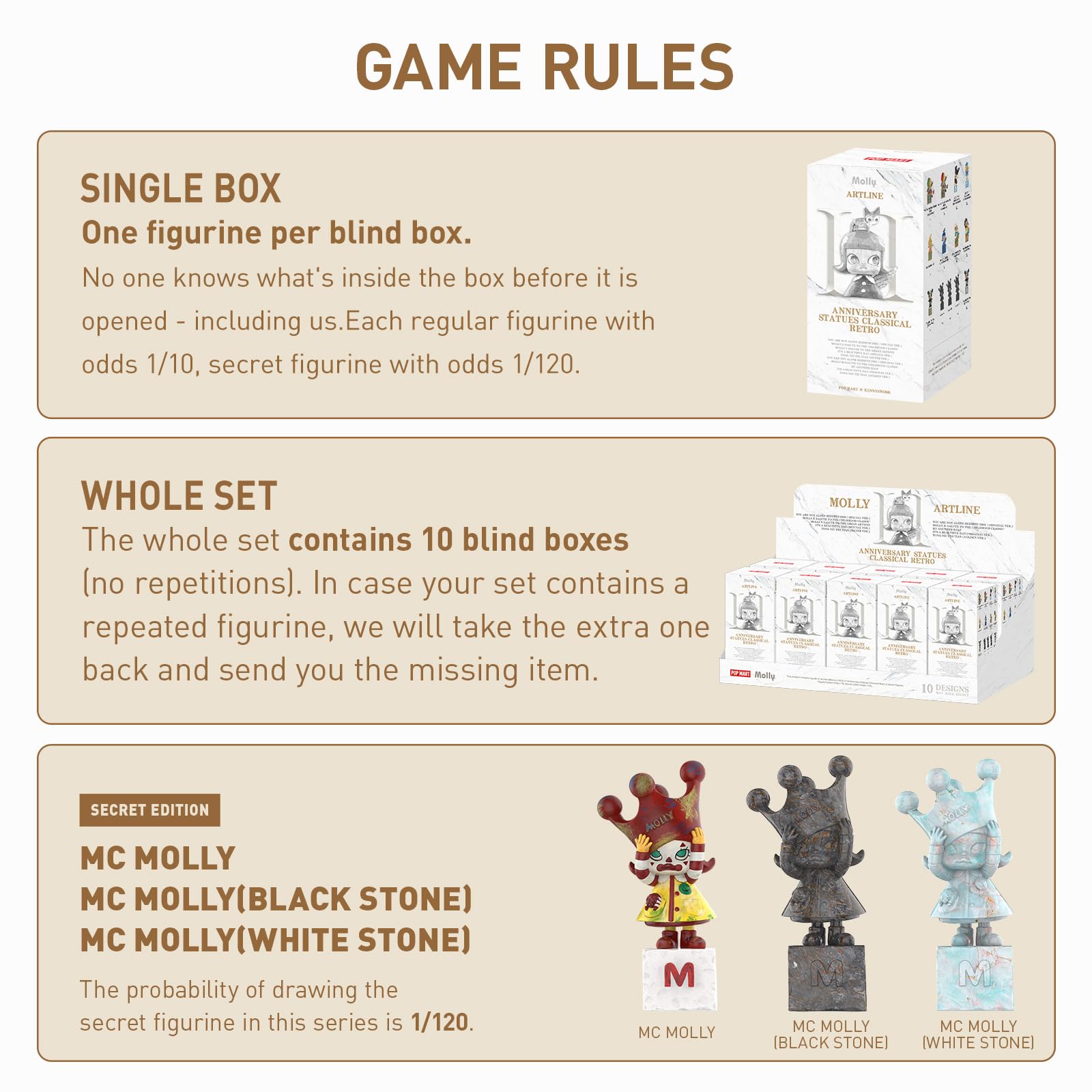 POP MART Molly Anniversary Statues Classical Retro 2 Series Figures, Molly Blind Box Figures, Random Design Action Figures Collectible Toys Home Decorations, Holiday Birthday Gifts, Single Box