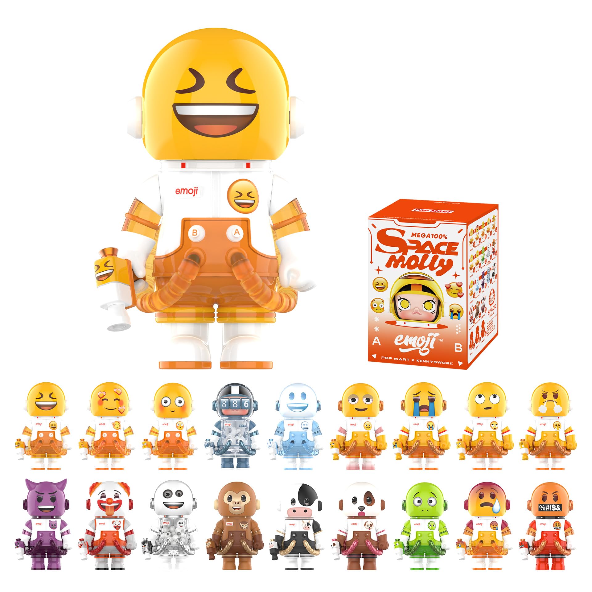 POP MART MEGA Space Molly 100% × Emoji Series, Molly Blind Box Figures, Random Design Action Figures Collectible Toys Home Decorations, Holiday Birthday Gifts for Girls and Boys, Single Box