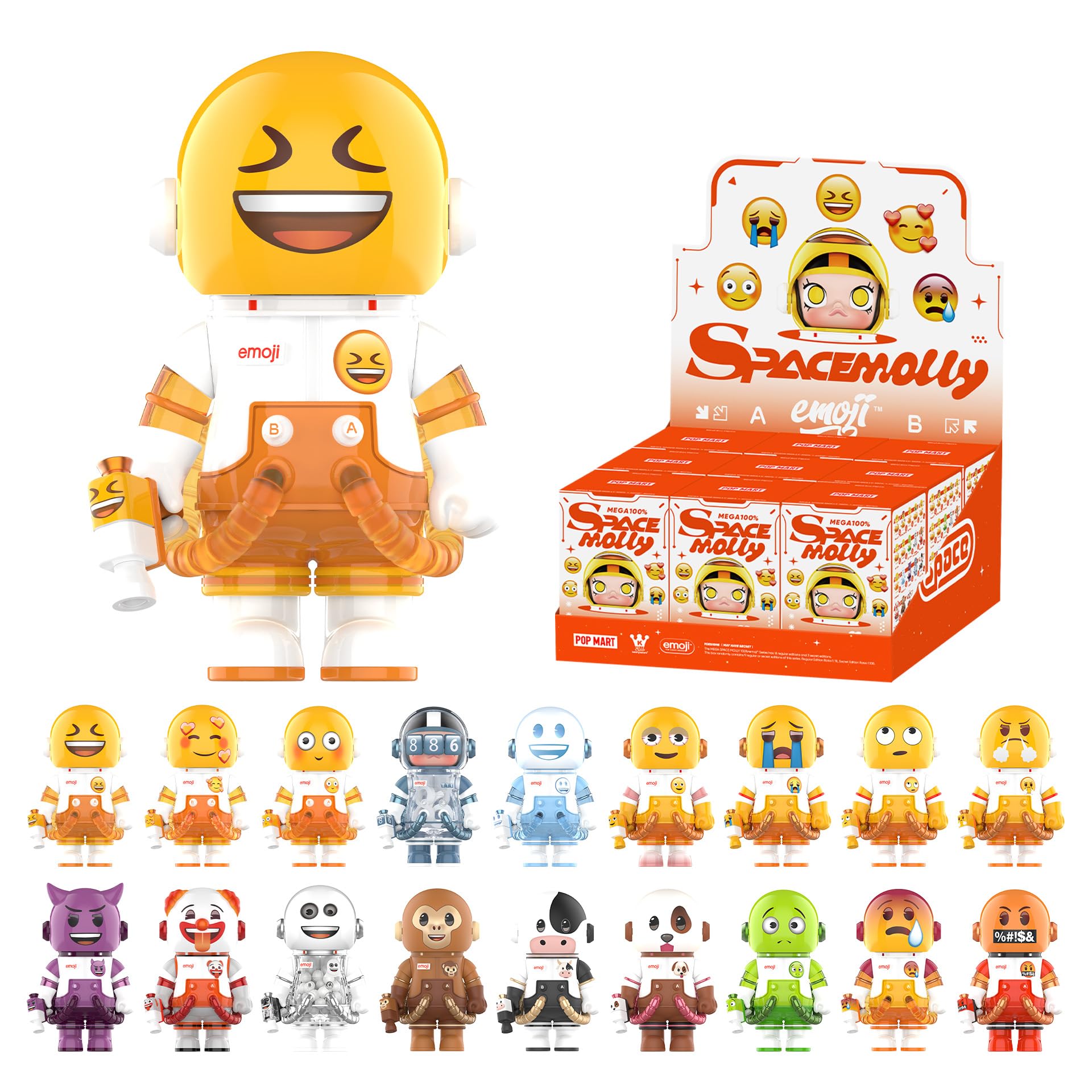 POP MART MEGA Space Molly 100% × Emoji Series, Molly Blind Box Figures, Random Design Action Figures Collectible Toys Home Decorations, Holiday Birthday Gifts for Girls and Boys, Single Box
