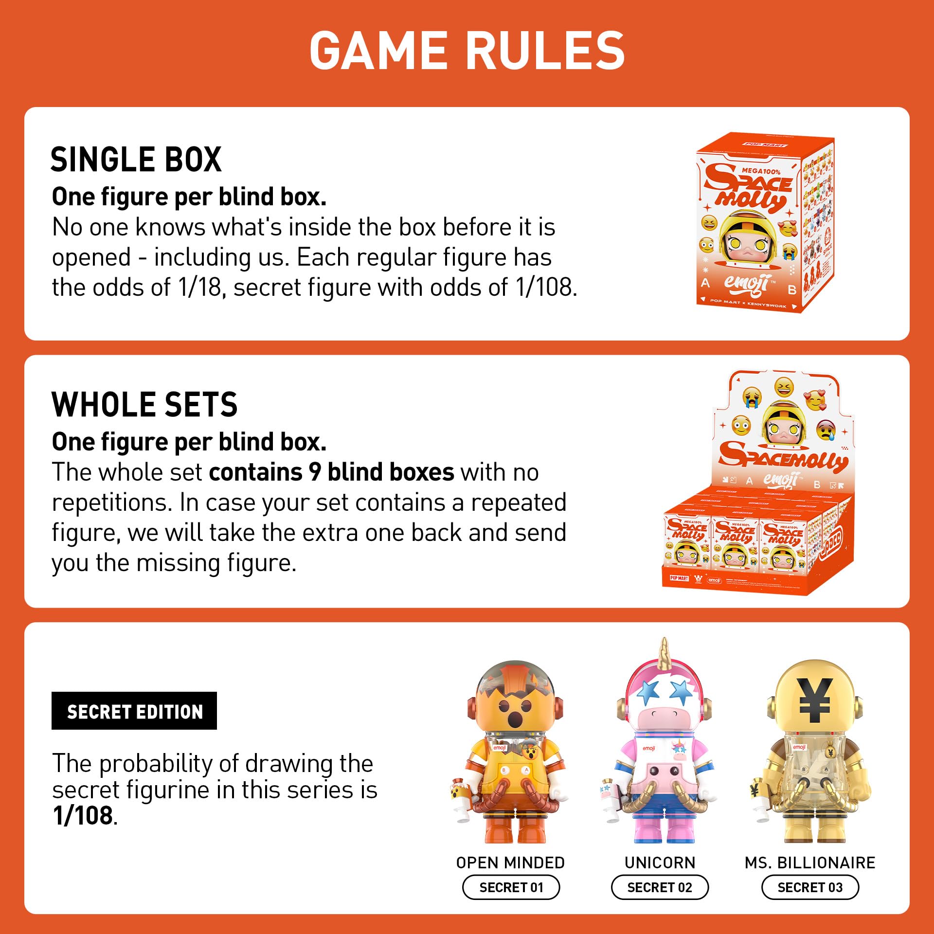 POP MART MEGA Space Molly 100% × Emoji Series, Molly Blind Box Figures, Random Design Action Figures Collectible Toys Home Decorations, Holiday Birthday Gifts for Girls and Boys, Single Box